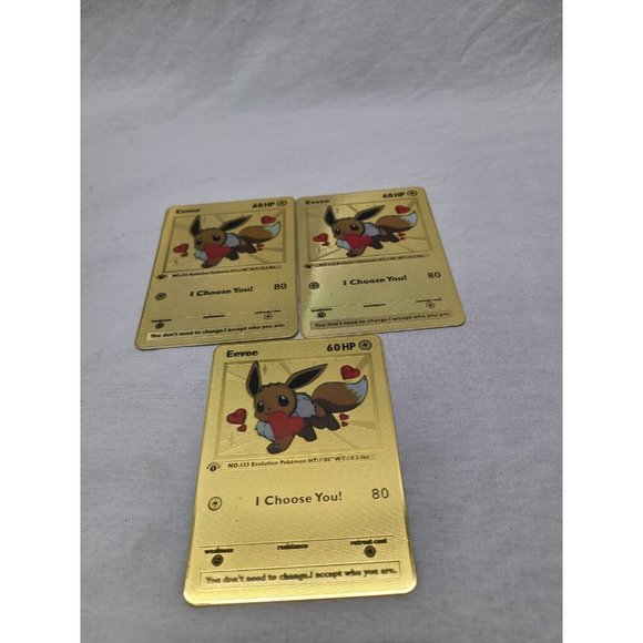 Eevee I Choose You Love Heart Valentine Gold Metal Card- Lot Of 3 FLAWED - Picture 7 of 10